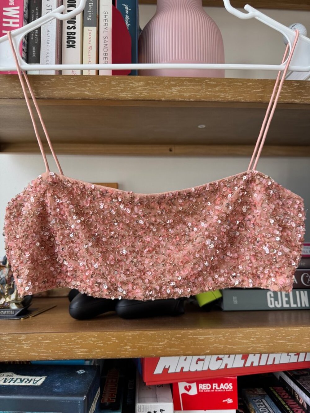 Retrofête Pink Sequin Spaghetti Strap Crop Top Size M